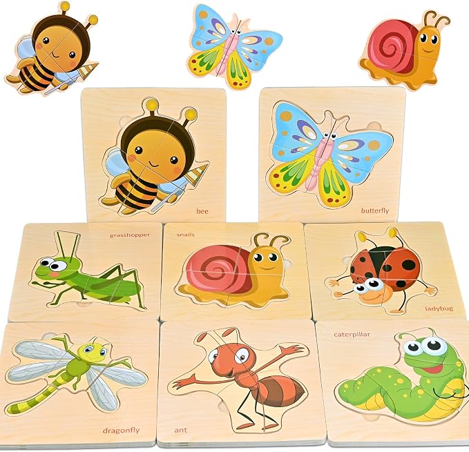 Faburo Wooden Puzzles for Toddlers 1-3, 8pcs Shapes, Insect Animal Themed Montessori Toys for 1 Year Old Learning, Educational Preschool Toys for Boys Girls | Montessori Toys for 1 Year Old Learning, Educational Preschool Toys for Boys Girls