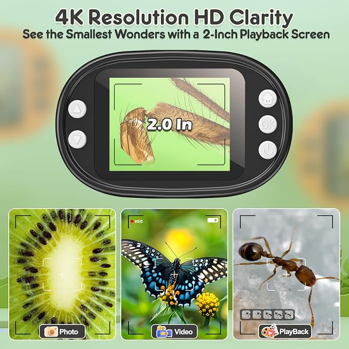 Kids Digital Microscope Science Gift: Complete STEM Toy Kit for Ages 4-12 | 32GB Card for Photos & Video / Custom EVA Case / Real Glass Slides / Upgraded 3mm Slide Slot / 2.5H Rechargeable Use