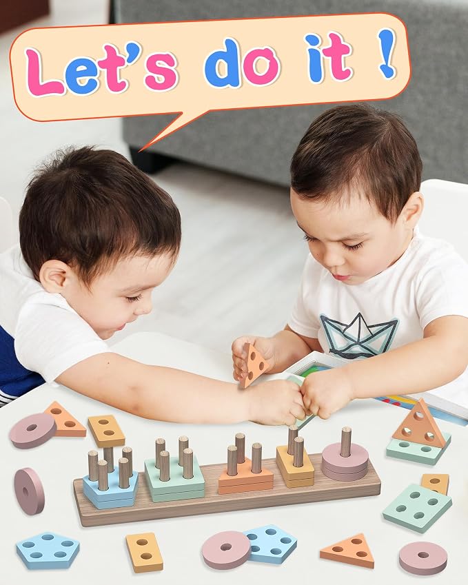 kecristv Montessori Toys for 1 2 Year Old Girl and Boy Birthday Gifts | Toddler Toys 1-2 2-3, Shape Sorter, Wooden Block, Learning Educational Sensory Stacking Toy, Toddler Puzzles, Birthday Gifts