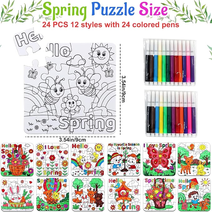 24Pcs Spring Crafts for Kids & Adults Bulk, Spring toddler Art and Craft DIY Puzzle Kits with Flower Butterfly Bee Bunny, Easter Jigsaw for School Classroom Activity April Party Favors & Gift Supplies