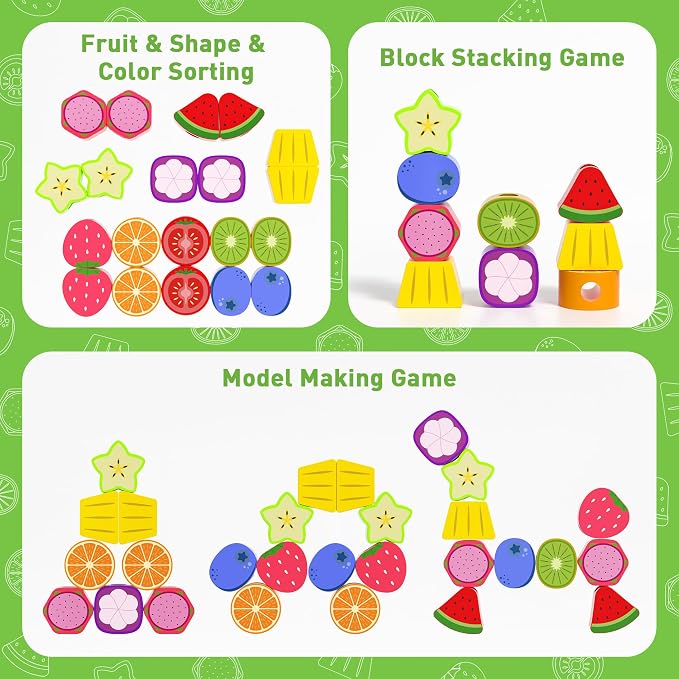 Melofaver Montessori Wooden Beads Stacking Toys, Shape Sorter for Ages 3-5 | Wooden Fruit Toddler Toys, Stacking Blocks & Lacing Beads & Shape Sorter, Preschool Learning Toys Gifts for Kids Boys Girls