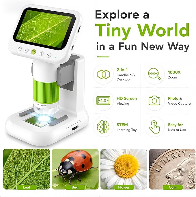 Kids Microscope with 1080P 4.3" Screen, 2-in-1 Desktop/Handheld Microscope | 1000X Microscope for Kids with 6 Slides, Photo/Video Capture, 8 LED Lights, 8GB Card, Birthday Christmas Gift for Kids 3-12