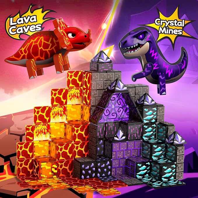 GobiDex Dinosaur Magnetic Tiles Set, Lava Cave Dinosaur Toys for Kids 3+ | Magnetic Blocks Building Set, STEM Construction Toys, Dinosaur World Adventure Playset with Lava Cave Scenes for Kids