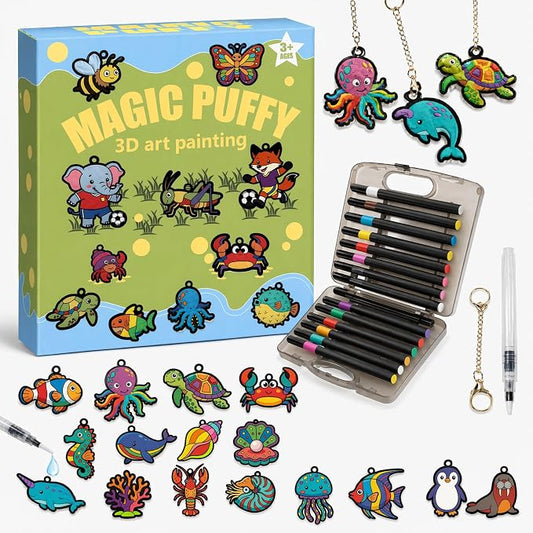 MWOMGLP Magic Foam Texture Painting Kit, 16 Pack DIY Puffy Foam Art Craft Set for Kids, 3D Sensory Painting Paper with Colorful Foam Sheets, Creative Gift for Boys Girls Ages 3+(Marine Animal)