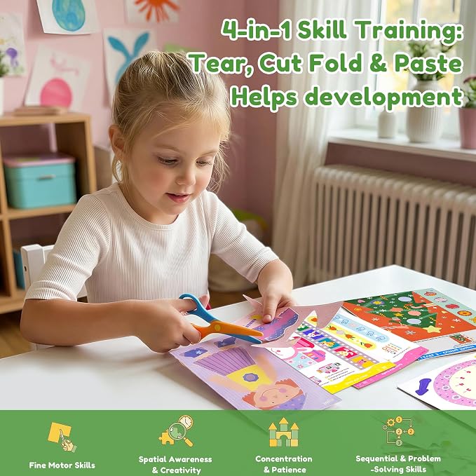 JoyCat Scissor Skills Activity Kit, Toddler Scissors Ages 3-5, Holiday | Preschool workbook with 34 holiday activities, scissors for kids and glue for festive toddler crafts across 4 skill levels.