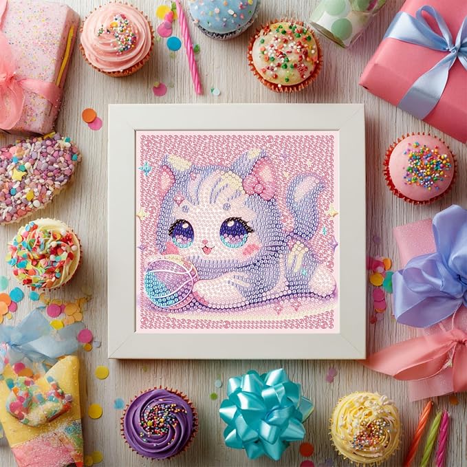 Gemozaic Cat Diamond Art Kits for Kids Ages 8-12 with Frame, 7 x 7 Inch | Cute Kitten Diamond Art for Kids 10 Year Old, DIY Easy Kid Big Gem Painting, Animal Arts and Crafts for Girl Birthday Gift