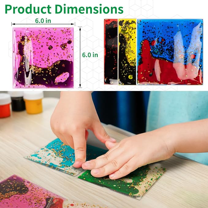 LONGKING 8-Pack 6"x 6" Liquid Tiles for Kids, Soft Gel Liquid Sensory Toys for Autistic Children, Sensory Mats, Sensory Toys for Toddlers 3-4 | Sensory floor tiles, soft liquid gel, 6"x6", color movement play mat, playroom classroom daycare, 8-pack