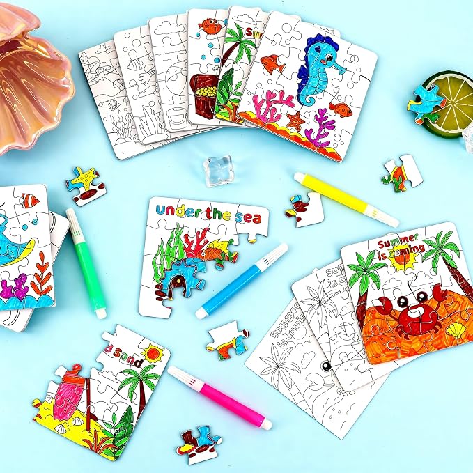 24 Set Summer Crafts for Kids Bulk, Summer Ocean Activities Puzzle with Mermaid Fish Starfish Animal, Camp Beach Arts and Crafts Classroom Gifts, Under the Sea Theme Party Favors, June Coloring Games
