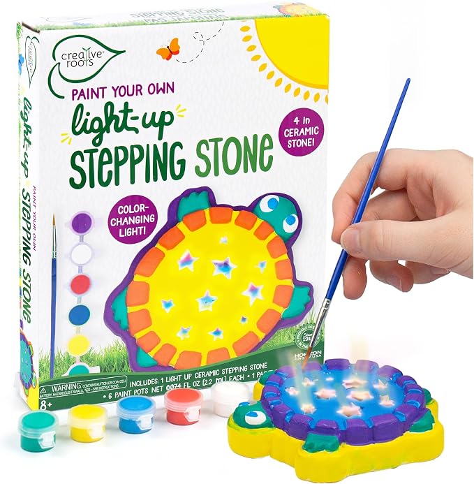 Creative Roots Mini Light Up Turtle Stepping Stone with Color-Changing LED, Acrylic Paints, and Paintbrush - Ceramic Craft Kit for Kids