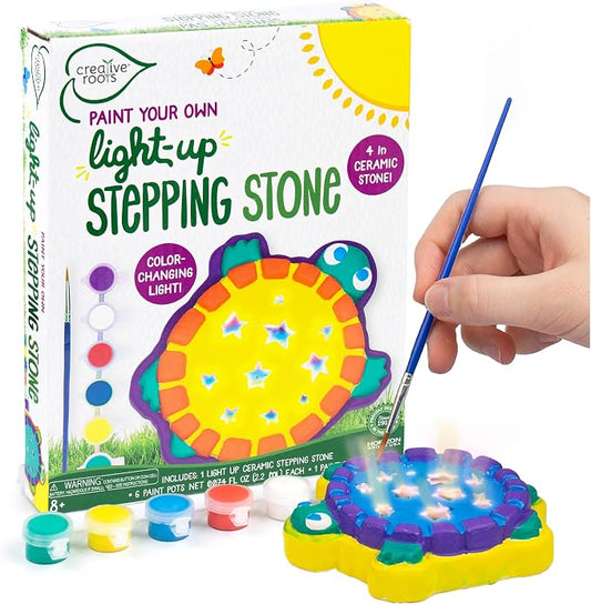 Creative Roots Mini Light Up Turtle Stepping Stone with Color-Changing LED, Acrylic Paints, and Paintbrush - Ceramic Craft Kit for Kids