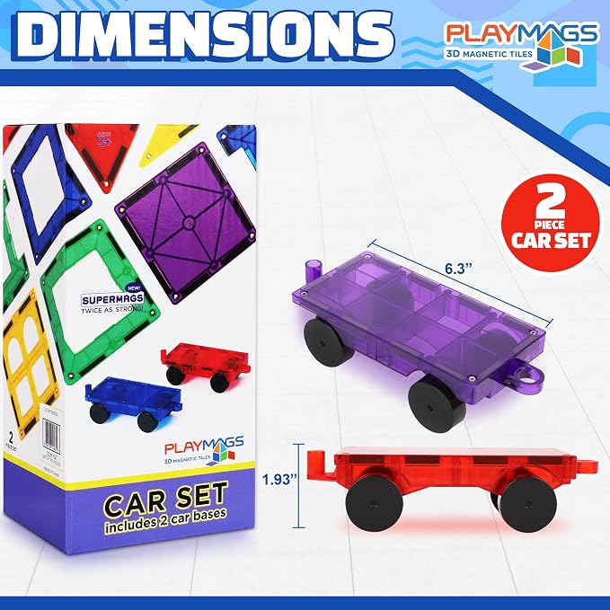 Playmags Magnetic Car Set (2 Pieces) – Strong Magnet Car Bases for Magnetic Tiles, STEM Building Toy Accessories for Kids, Compatible with Magnetic Blocks, Durable Wheels, Creative Play Add-On