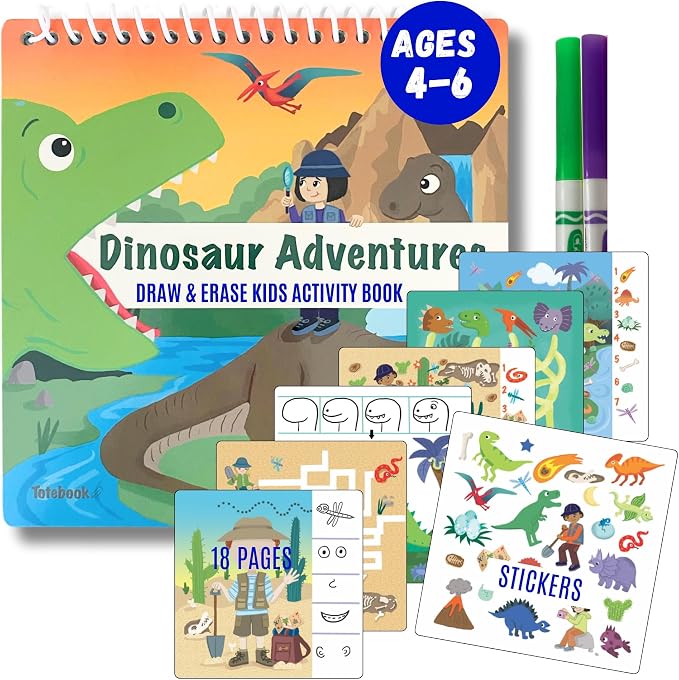 Totebook Dry Erase Activity Book for Kids - 18 Erasable Learning Games with Markers & Reusable Stickers, Travel Activities for Ages 4-6, Fits Case (Dinosaur Theme)