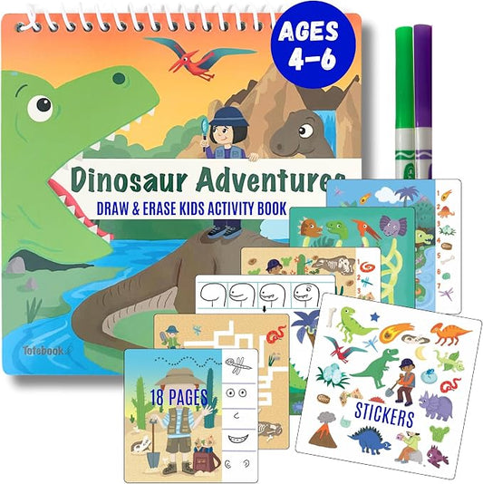 Totebook Dry Erase Activity Book for Kids - 18 Erasable Learning Games with Markers & Reusable Stickers, Travel Activities for Ages 4-6, Fits Case (Dinosaur Theme)