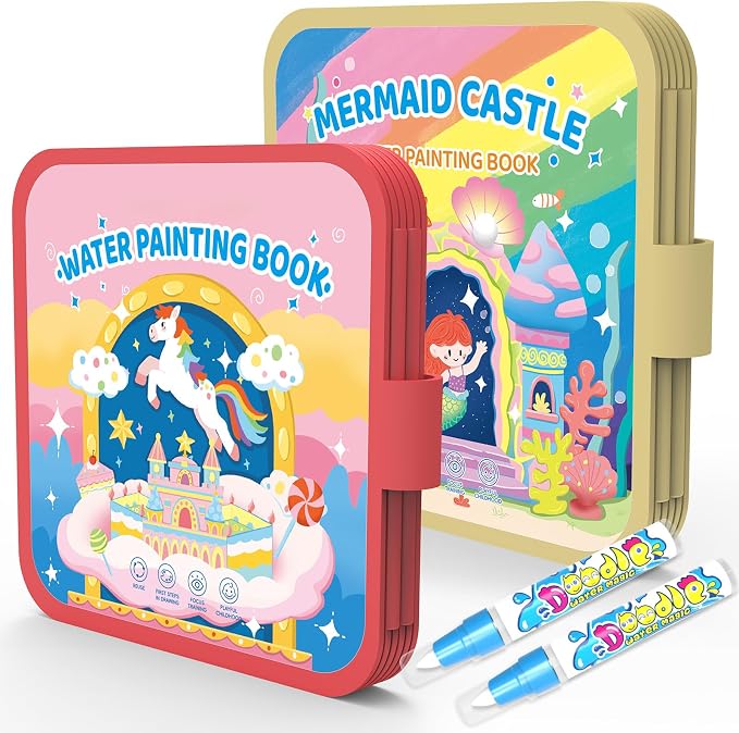 KONLE Reusable Water Painting Books, 20 Pages Mermaid&Pony Coloring Books | Mess Free Coloring Book for Toddlers 1-3, Travel Gift for Boys & Girls, Educational Art Activity, Montessori Art