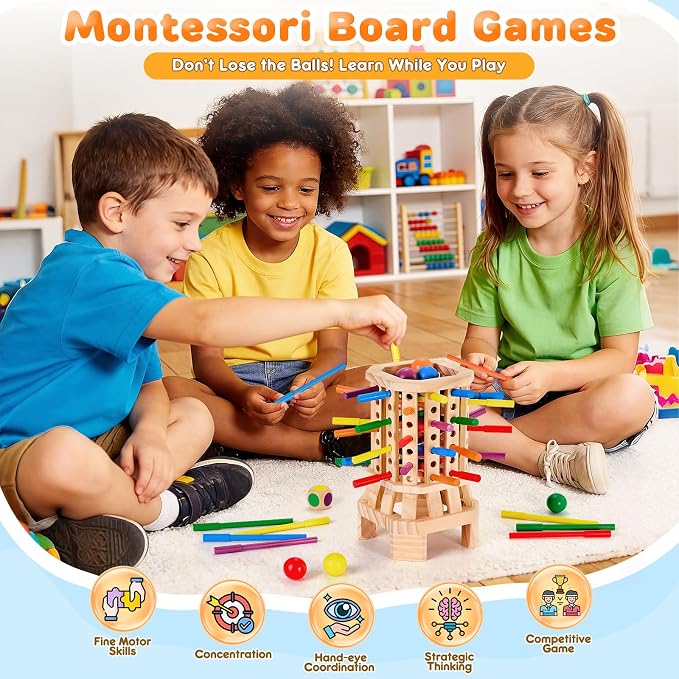 Montessori Wooden Board Game, Colorful Sticks & Ball Drop Games for Kids, Fine Motor Skills & Math Learning Toy for 3 4 5 6 Year Old, 2-6 Player Family Travel Game, Birthday Gift for Boys Girls Age 3+