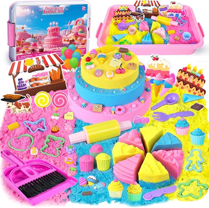 YongnKids Sensory Bin Cake & Ice Cream Sandbox for Kids Girls 3+ | Sand Art Kit w/Lid Sensory Toys include Cake Molds,Play Sand Tools, Ice Cream Toy Shop,Great Fun Gift for Girls Boys