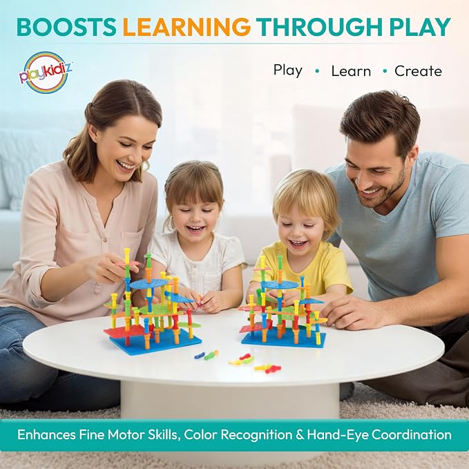 Play Build Kids Peg Board Building Set 117 Pieces - STEM Construction with Colorful Pegs & Shapes, Fine Motor Skills Learning Toy, Montessori Toddler Building Toys for Boys & Girls Age 3+