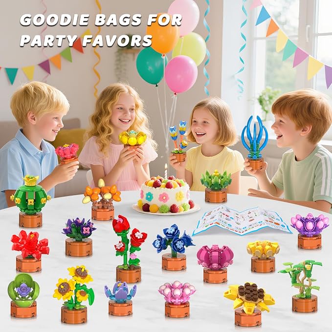24 Pack Flowers Succulents Party Favors for Kids 6+ Mini Building Toys Sets | 1012PCS Botanical Bonsai 3.6mm Blocks for Classroom Prizes Goodie Bags Filler Stocking Stuffers, Birthday Gift for Girls Boys