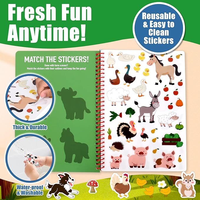 Jelly Sticker Book for Kids 3-5, Reusable Sticker Books for Toddlers | Waterproof Easy to Clean Road Trip Activities, Easter Basket Stuffers & Travel Essentials (Farm)