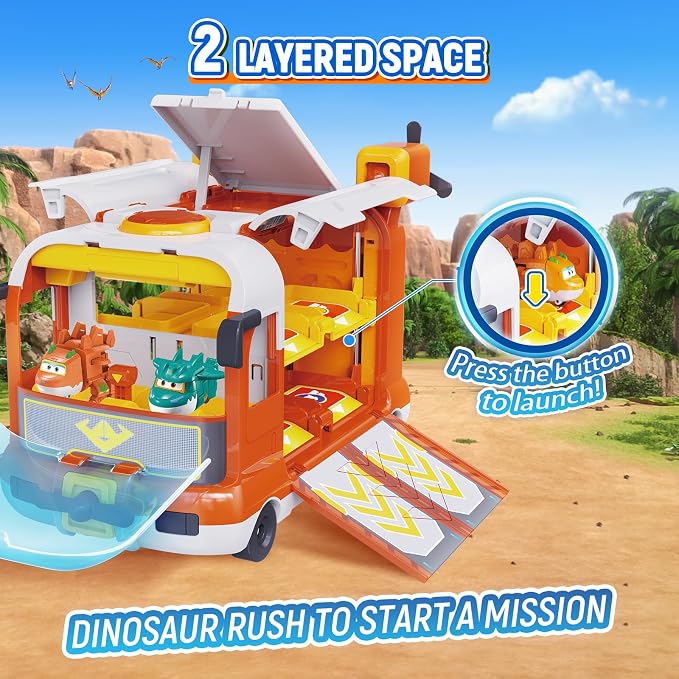 Super Wings Dinosaur Adventure Mini Base, Transforming Playset with Camping Scene & 2 Dino Bots STEGO & Tino, Season 9 Role Play Toys for Kids, Gifts for Boys & Girls Age 3+