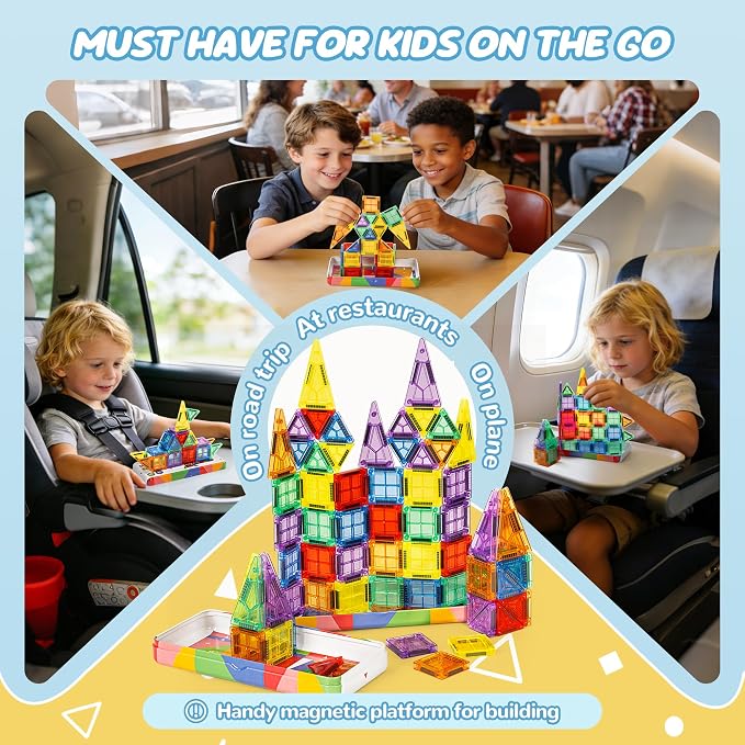 cossy Mini Magnetic Tiles, 80 PCS Magnet Tiles Travel Toys with Iron Box, Travel Magnetic Tiles for Restaurant, Car & Plane Play, Toys for 3 4 5 6 7 8 Year Old Boy and Girl