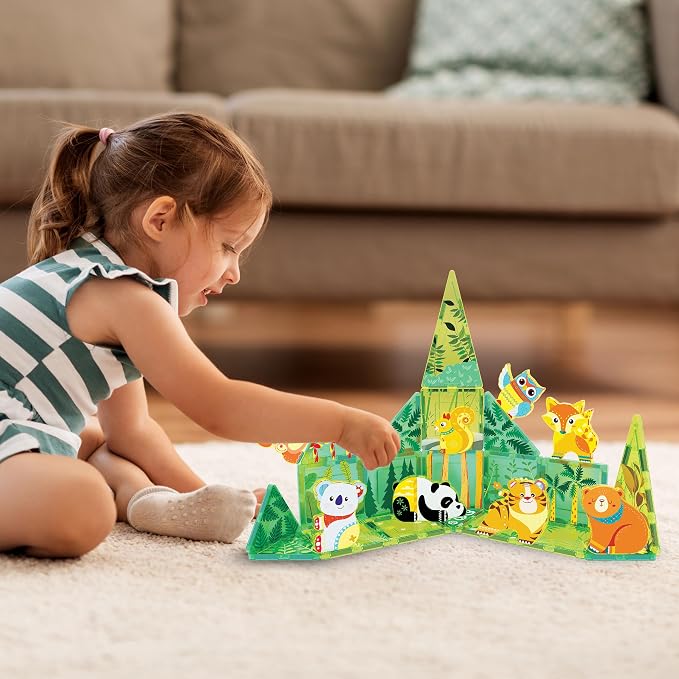 PicassoTiles Magnet Tile Building Blocks Forest Animal Themed Playset with 8 Character Action Figures Educational STEM Learning Construction Kit Pretend Play Magnetic Tiles Toddler Kids Ages 3+ PTQ26