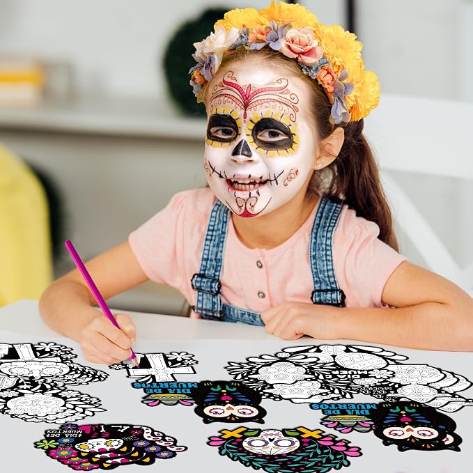 Day of the Dead Coloring Arts Crafts Kit - 30Pcs Mexico Theme Color Your Own Magnets for Kids Mexican Fiesta Blank DIY Coloring Magnets for Party Fridge Refrigerator School Classroom Activities Decor