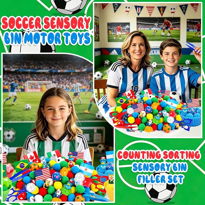 305PCS Soccer Sensory Bin Filler Soccer Fine Motor Sensory Bin Items Includes Pom Poms Soccer Duck Resin for Counting Sorting Training