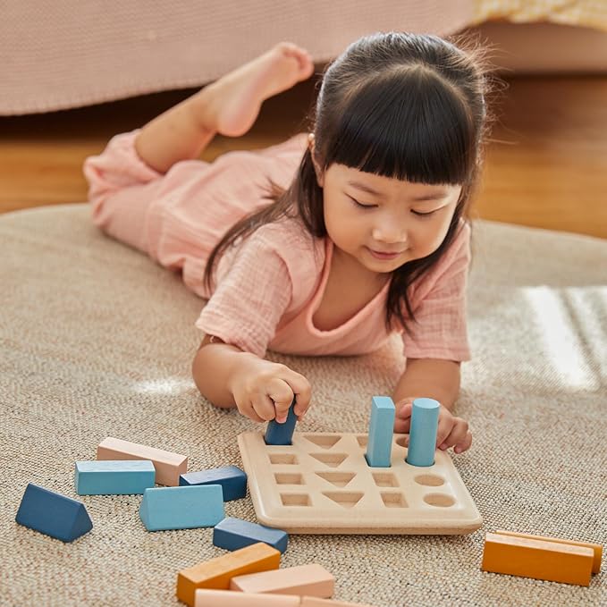 PlanToys® Wooden Geometric Peg Board Montessori Shape Sorting Stacking Toy | wooden geometric peg board, montessori shape sorting stacking, size sequencing logical thinking, color pattern geometry, kids