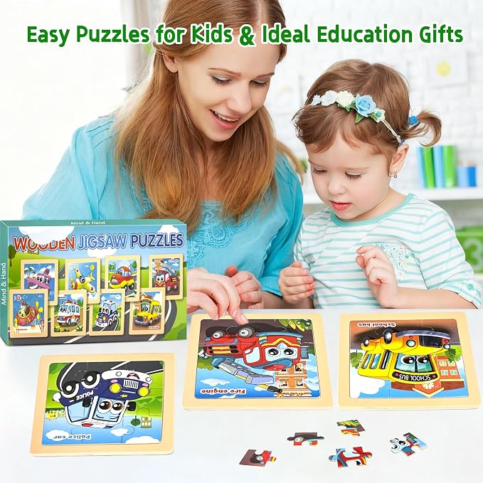 Wooden Vehicle Puzzles for Toddlers, 8 Pack 9 PCS Jigsaw Puzzles for Kids | Wooden Puzzles for Toddlers 3-5, Vehicle Puzzles for Kids 3-5, Preschool Puzzles Learning Educational Sets Toys