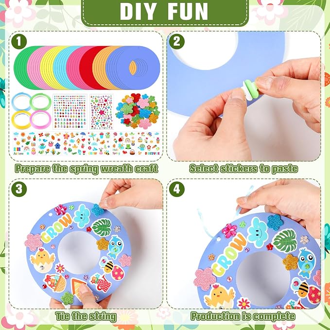 Hollowfly 48 Sets Spring Wreath Craft Kits, 8 Designs | Flower, Bee, Butterfly and Tulip Stickers, 5.9 in Cardboard Wreaths for Group Activities and Party Favors
