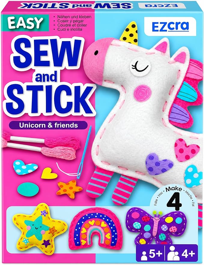 EZCRA Unicorn Sewing Kit for Kids Ages 4-8 - 4 Beginner Projects | Sewing Craft Kit for Girls. 4 Easy DIY Projects with Felt Stickers. No Mess Arts and Crafts Gift for Girls.