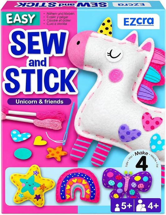 EZCRA Unicorn Sewing Kit for Kids Ages 4-8 - 4 Beginner Projects | Sewing Craft Kit for Girls. 4 Easy DIY Projects with Felt Stickers. No Mess Arts and Crafts Gift for Girls.