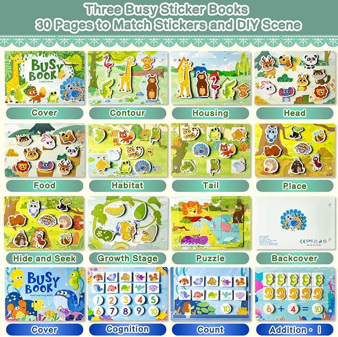 3 Pack Busy Books for Toddlers, Montessori Quiet Book, Preschool Learning Activities Educational Workbook, Sorting Matching Sticker Fixing, Gifts for Kids Age 3+ (Animal, Ocean, Dinosaur)
