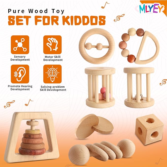 Wooden Baby Toy 8pcs, Montessori Toys for Babies 1-3 Years Old, Wooden Rattles Toy Set for Infant Grasping, Sensory Development, Gift for Baby Boys Girls (Natural Wood)
