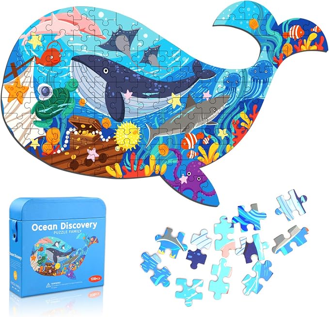 Jigsaw Puzzles for Kids Ages 4-8, 108 Pcs Whale Shaped Cardboard Puzzles | Sturdy Floor Puzzles Box and Poster for Animal Lovers, Educational Toys Gift for Boys Girls, 23.38 x 14.72 Inch