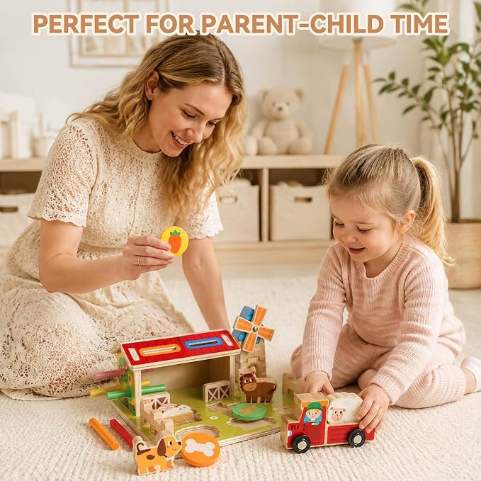 FIIOEOY Wooden Montessori Toys, Farm Animal Barn for Toddlers 1-3 Year Old | Colour Shape Sorting, Sorting & Stacking, Pretend Play, Educational Learning Toy, Fine Motor Skills, Birthday Gift