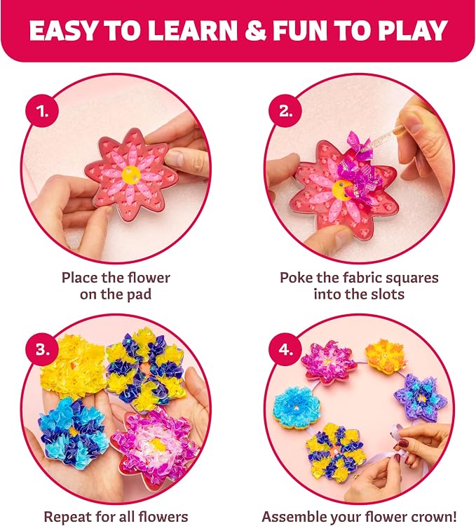 Poke-In Craft Flower Crowns, Poke Art for Kids Ages 4-8, Punch Tufting Kit | 15 foam flowers, 1000+ 3d fabric squares, non-messy beginner kit for girls, preschool learning activity, spring easter gift