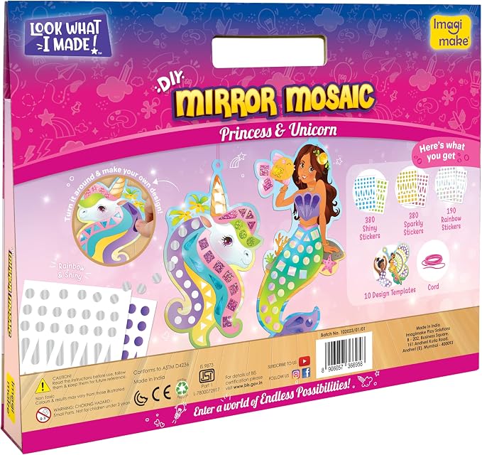 Imagimake Mirror Mosaic - Princess & Unicorn, 10 Templates, 950+ Stickers | Mess-Free Craft Activity, Screen-Free Creative Play, DIY Art Kit for Kids, Birthday Gift for Girls Ages 3,4,5,6,7 Years Old