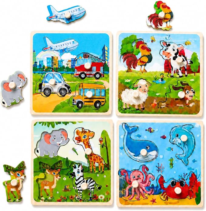 Wooden Peg Puzzle Set for Toddlers, 4 Pack Animal Vehicle Ocean Farm Puzzles, Montessori Wooden Puzzles for Ages 2-4, Preschool Learning Toys for Fine Motor Skills, Gifts for Boys Girls 1 2 3 4