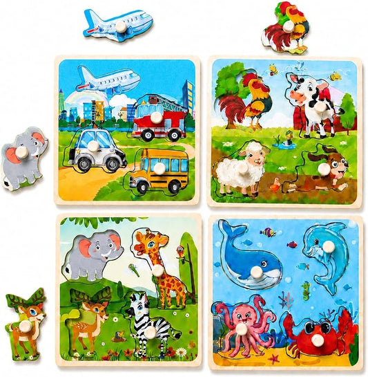 Wooden Peg Puzzle Set for Toddlers, 4 Pack Animal Vehicle Ocean Farm Puzzles, Montessori Wooden Puzzles for Ages 2-4, Preschool Learning Toys for Fine Motor Skills, Gifts for Boys Girls 1 2 3 4