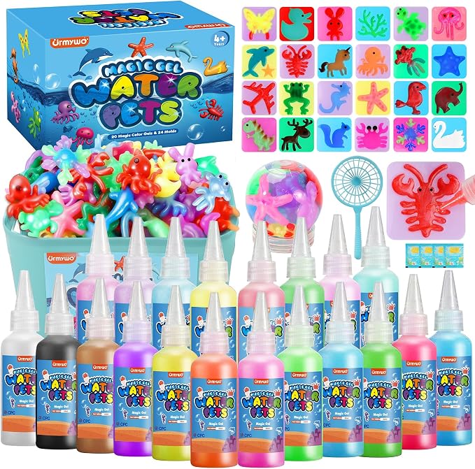 URMYWO Magic Water Elf Toy Kit, Aqua Fairy Gel Kit, DIY Squishy Maker Set | 20 Gels & 24 Molds,Make Your Own Squishies,Water Pets with Glow,Glitter Gels,Creative Sensory Craft Gift for Kids Ages 4+