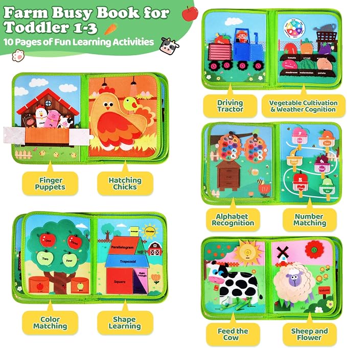 OCHIDO Busy Book for Toddlers 1-3, Montessori Toys 1 Year Old Quiet Book | Educational Learning Soft Sensory Activity Book, 10 Pages, Toddler Travel Toys, Birthday Gift for 1 Year Old Boys & Girls