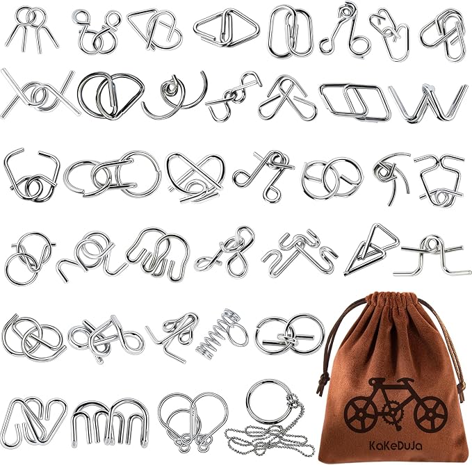 38 PCS Metal Brain Teaser Puzzles Set – Challenging Disentanglement Logic Lock Games for Adults, IQ Mind Toy Gift for Teens & Kids in Portable Travel Pouch