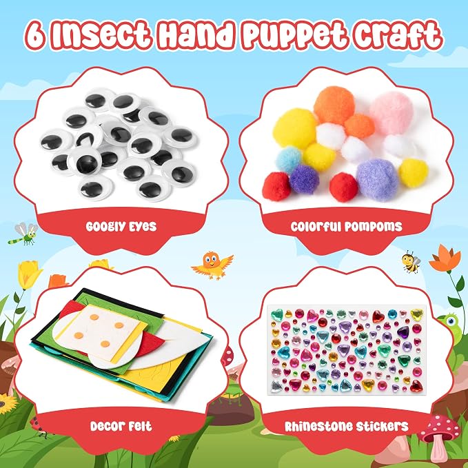 WATINC Hand Puppet Making Kit, Felt Sock Puppet Toys for Kids (Insect) | 6 Styles, Make Your Own Storytelling & Role Play Crafts, Creative Group Activity, Party Favors & Gifts for Kids Ages 4-8