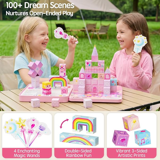 Magnetic Blocks Girls Travel: 355g Unicorn Tin 3 Cones & 4 Wands | 60-Min Princess Role Play for Airplane Activities & Road Trip Essentials Car Games 45s Cleanup Portable Kids Toy for Ages 3-8