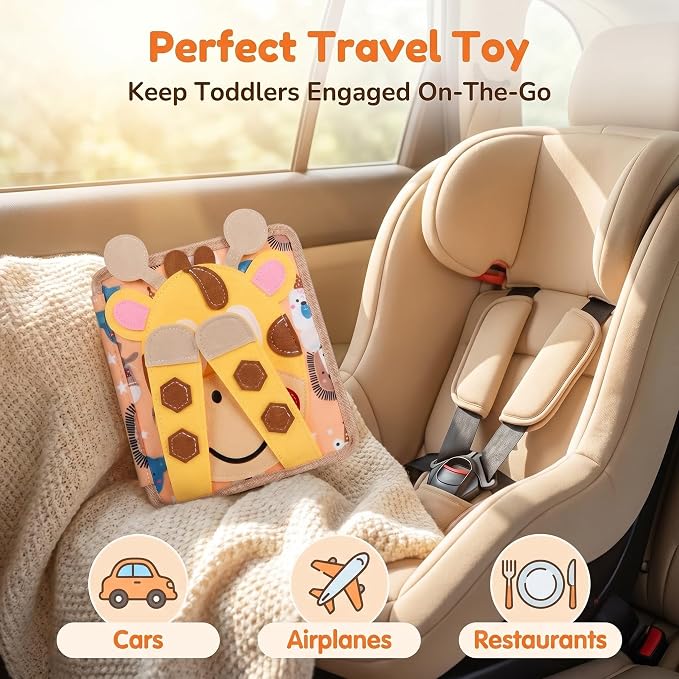 Giraffe Busy Book for Toddlers 3-5,Felt Quiet Book Sensory Learning Activity Books,Road Trip Toys for Toddlers Busy Board,Airplane Car Travel Toys, Gifts for Boys Girls 3