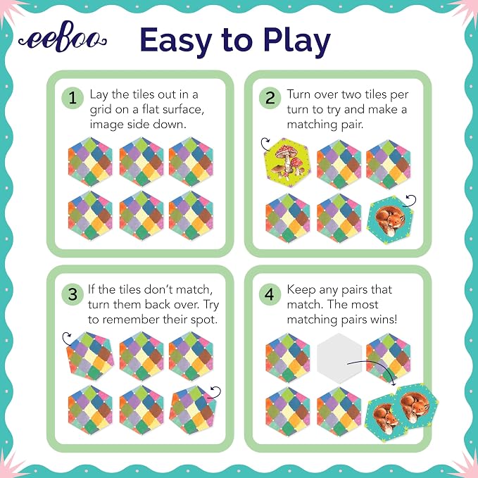 eeBoo Life in a Meadow Memory & Matching Game, Ages 3+, 1-4 Players | Introduces woodland flora & fauna. Sharpens recognition, concentration & memory skills. Includes 48 hexagonal tiles, 24 pairs