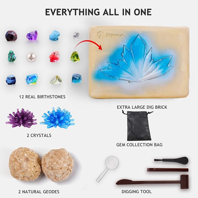 Japace Earth Science Kits for Kids Age 6-8-12-14, Birthstone Gems Dig Kit | Geology Kit with Break Your Own Geodes, Crystal Growing Experiment, Rock Mining Kit, Birthday Gifts Toys for Boys Girls