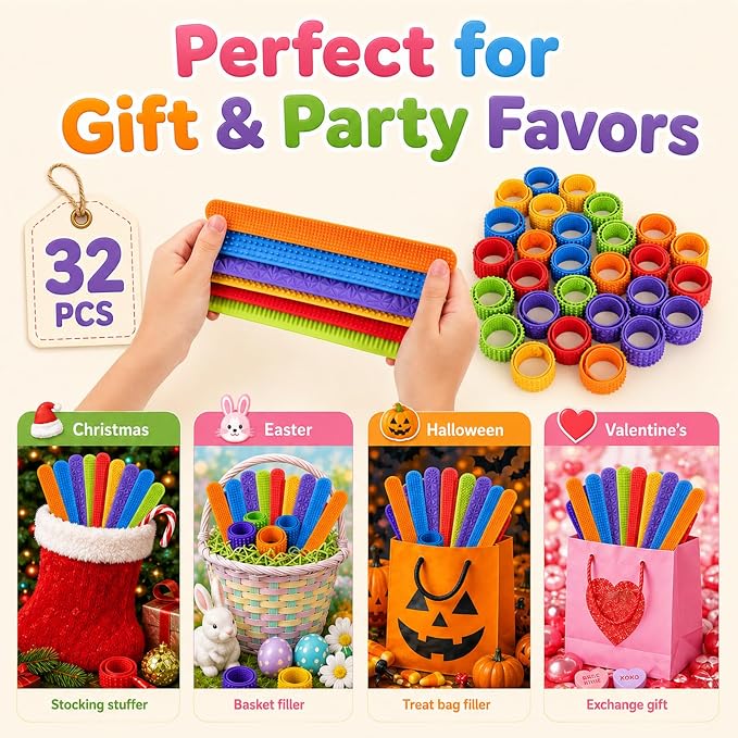 KLT 32 Pack Sensory Slap Bracelets Bulk | Textured Silicone, Stress Fidgets for Kids Adults Teens, Wearable Sensory Toys, Bulk Fidgets for Classroom Birthday Party